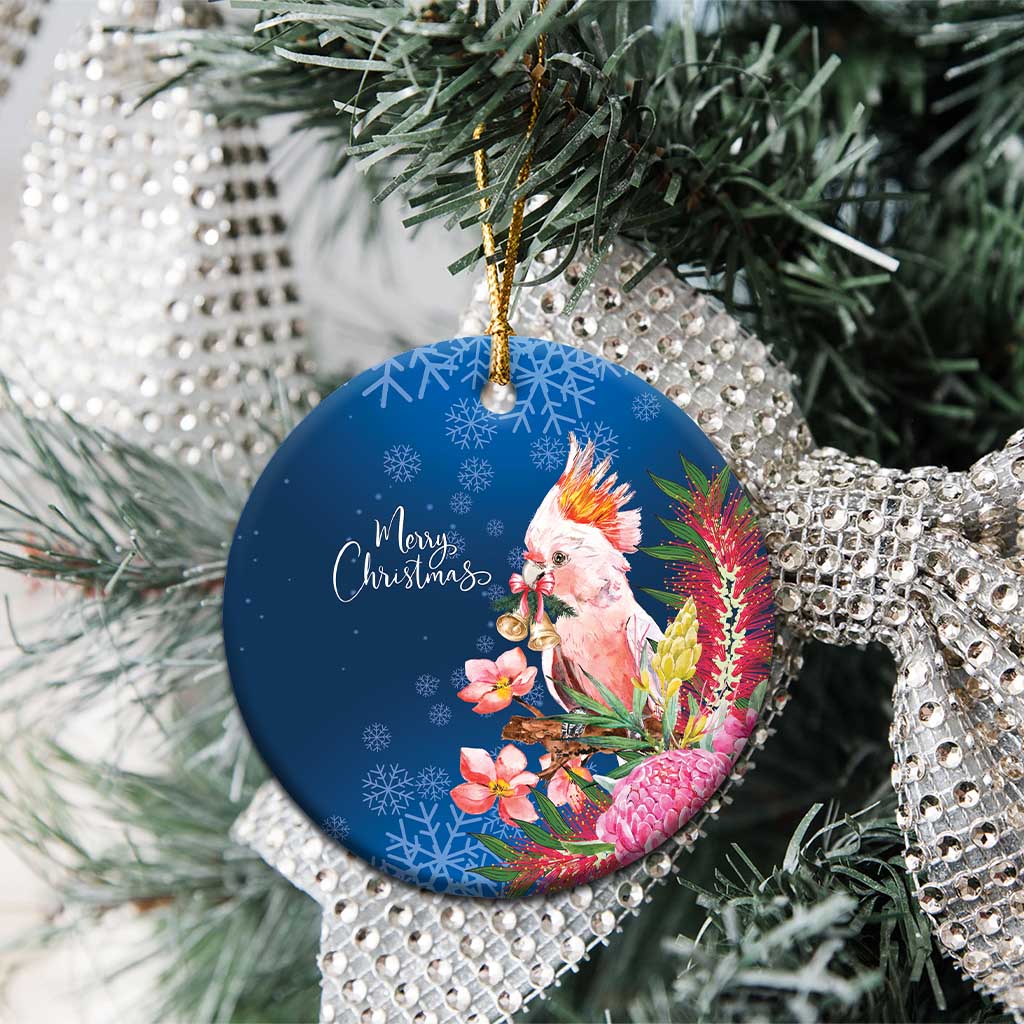 Australia Christmas Pink Cockatoo with Banksia Ceramic Ornament Snowy Blue - Aussie Hoodie