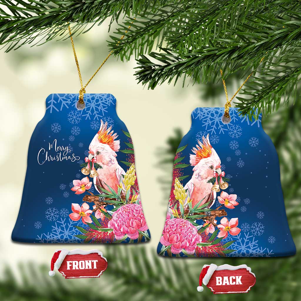 Australia Christmas Pink Cockatoo with Banksia Ceramic Ornament Snowy Blue - Aussie Hoodie