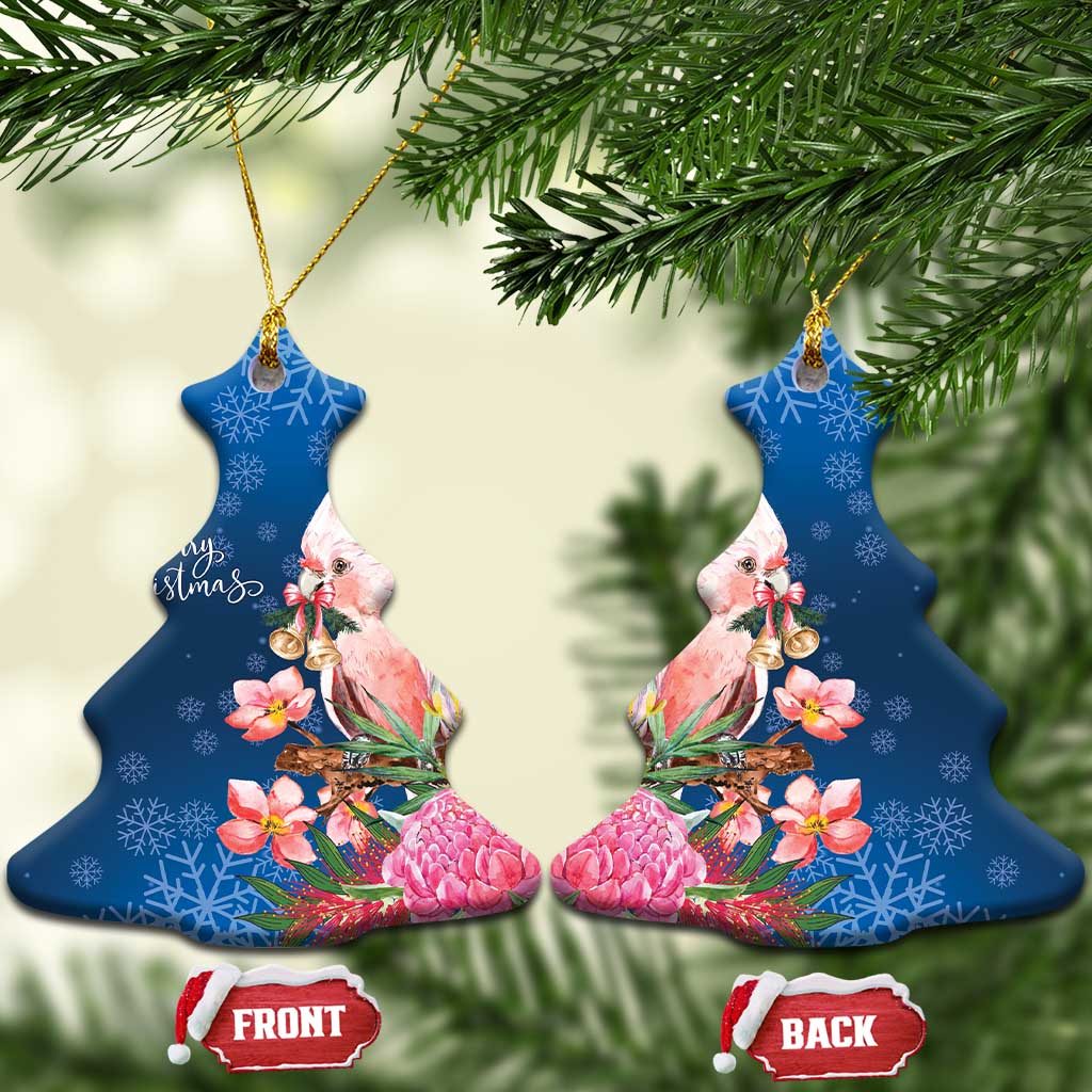 Australia Christmas Pink Cockatoo with Banksia Ceramic Ornament Snowy Blue - Aussie Hoodie
