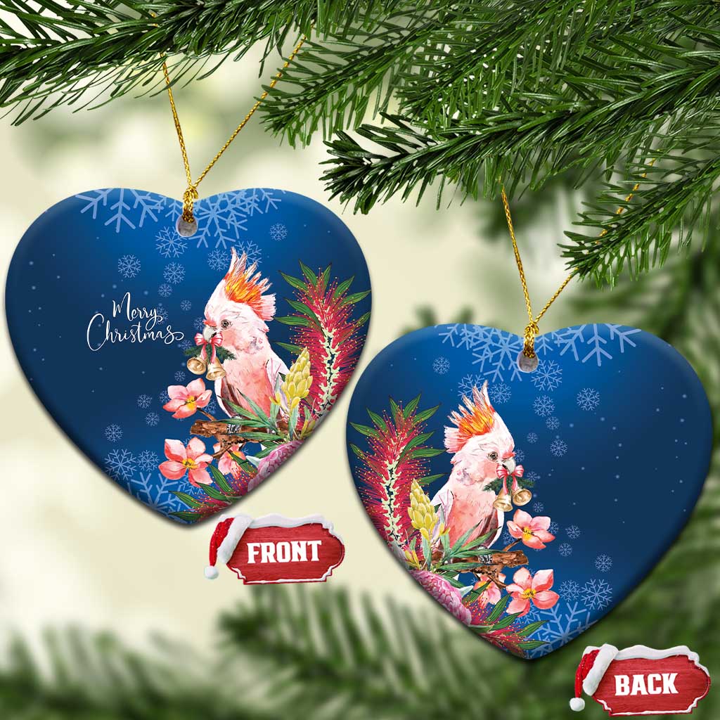 Australia Christmas Pink Cockatoo with Banksia Ceramic Ornament Snowy Blue - Aussie Hoodie