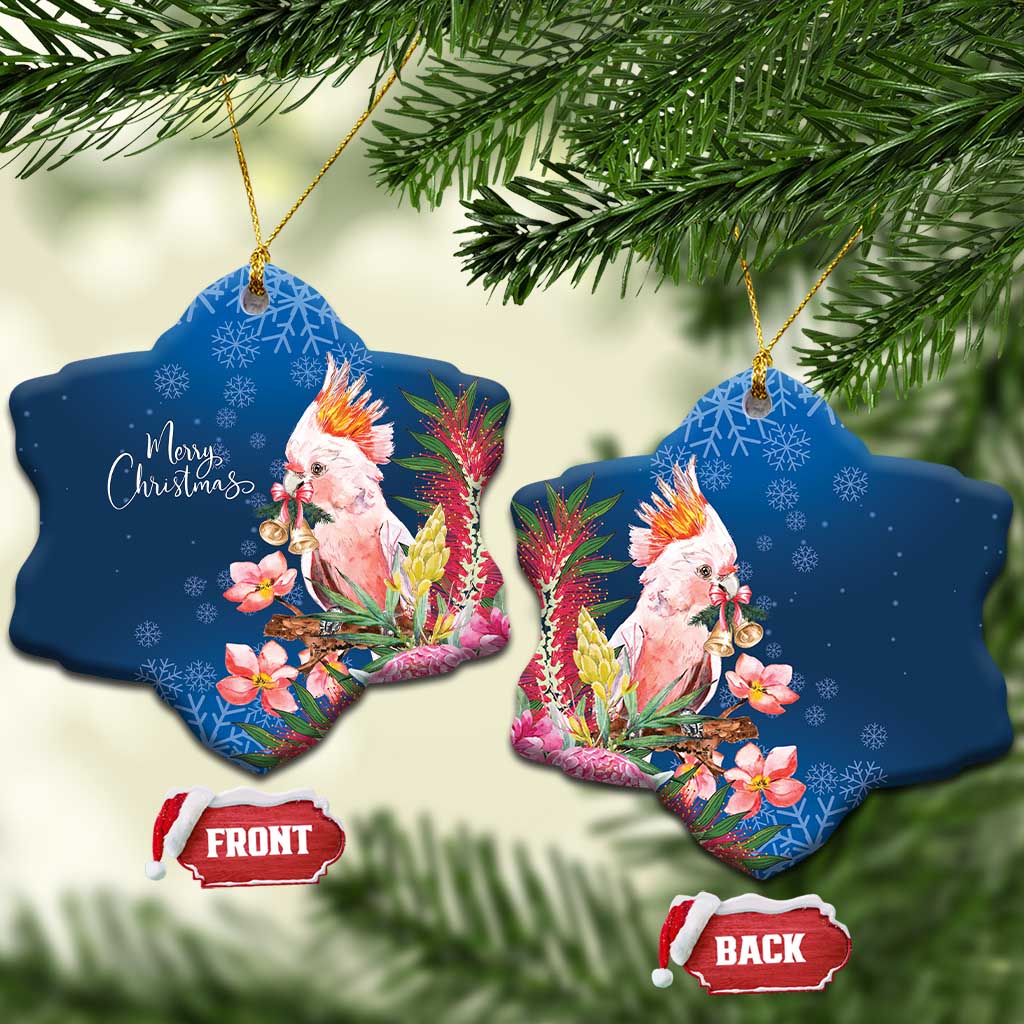 Australia Christmas Pink Cockatoo with Banksia Ceramic Ornament Snowy Blue - Aussie Hoodie