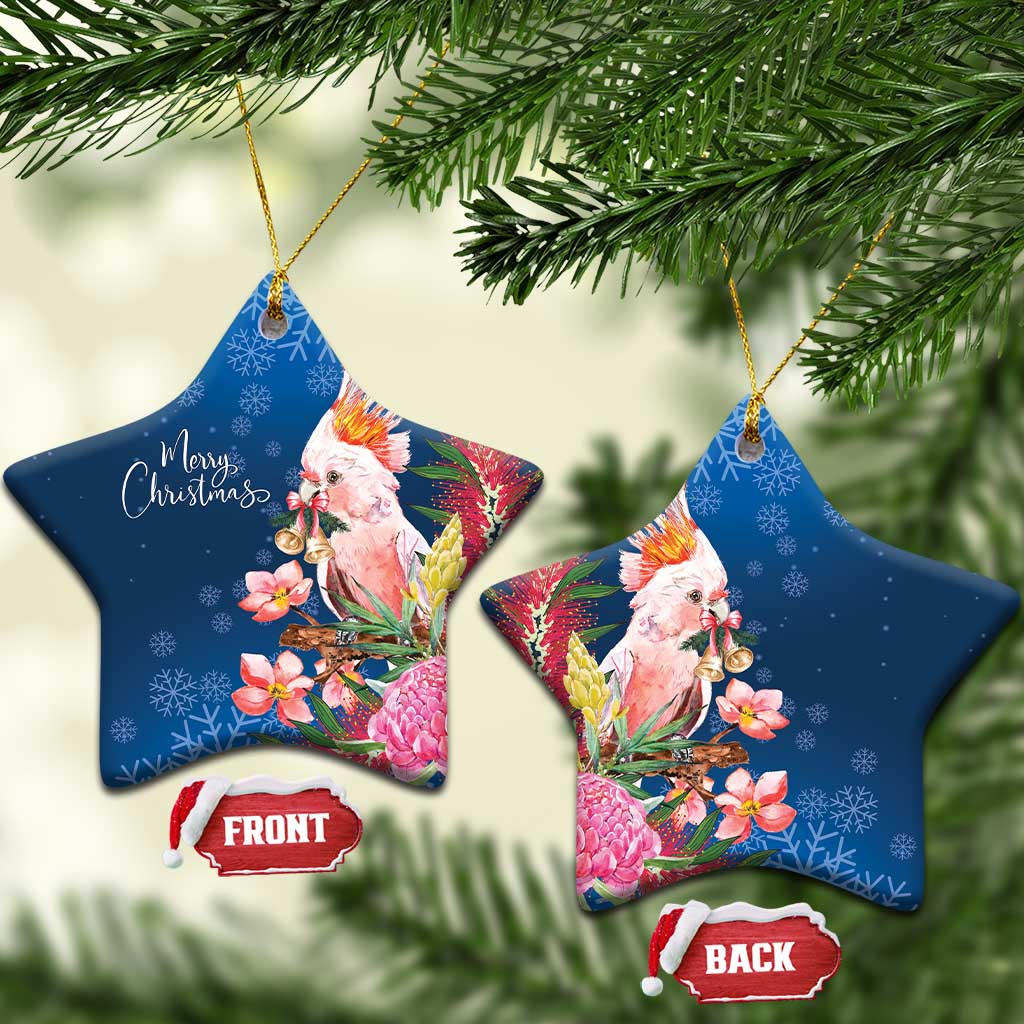 Australia Christmas Pink Cockatoo with Banksia Ceramic Ornament Snowy Blue - Aussie Hoodie