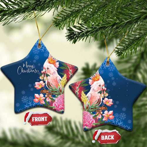 Australia Christmas Pink Cockatoo with Banksia Ceramic Ornament Snowy Blue - Aussie Hoodie