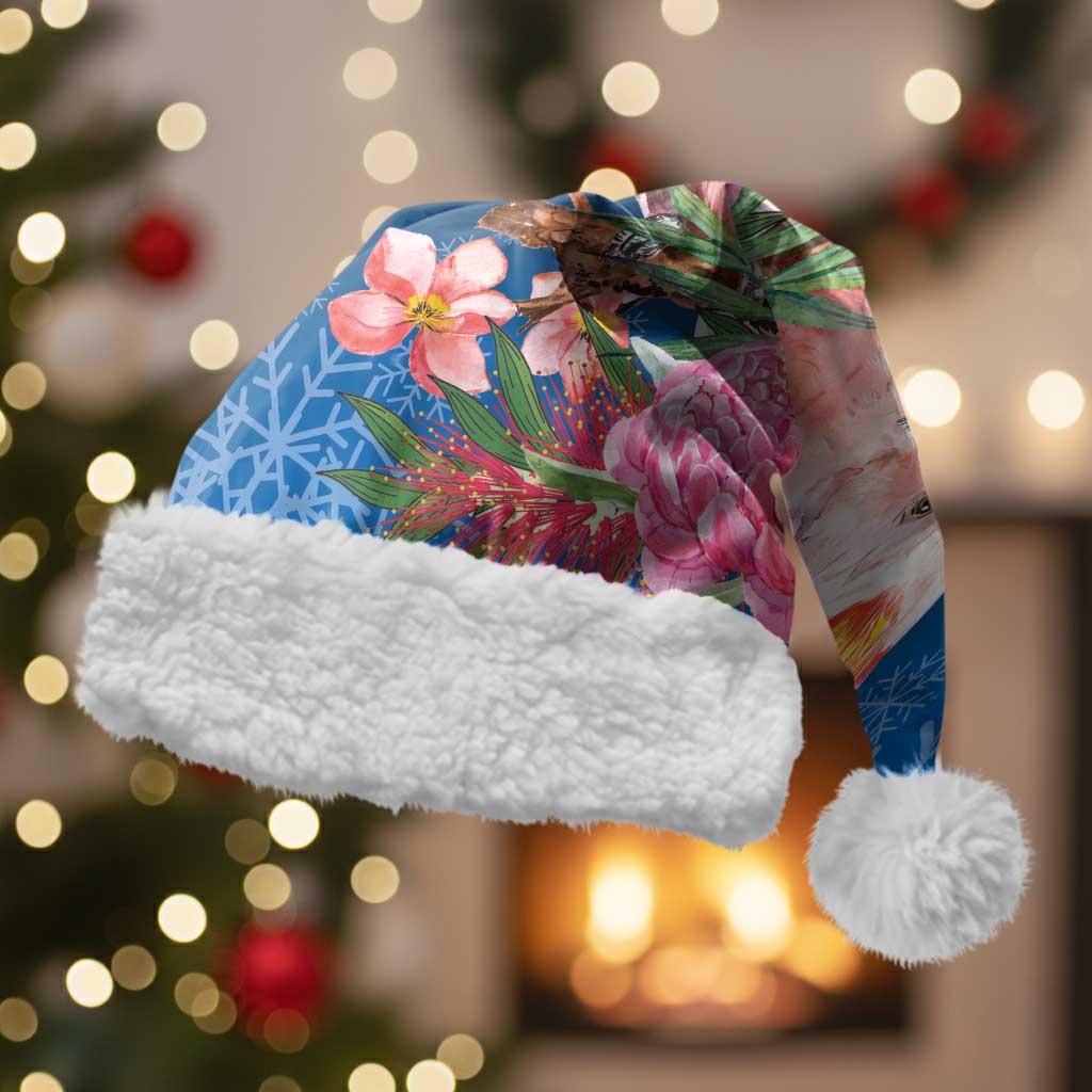 Australia Christmas Pink Cockatoo with Banksia Christmas Santa Hat Snowy Blue - Aussie Hoodie