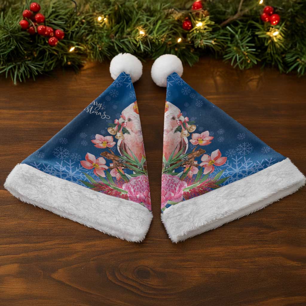 Australia Christmas Pink Cockatoo with Banksia Christmas Santa Hat Snowy Blue - Aussie Hoodie
