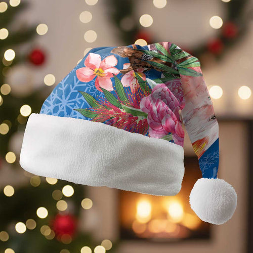 Australia Christmas Pink Cockatoo with Banksia Christmas Santa Hat Snowy Blue - Aussie Hoodie