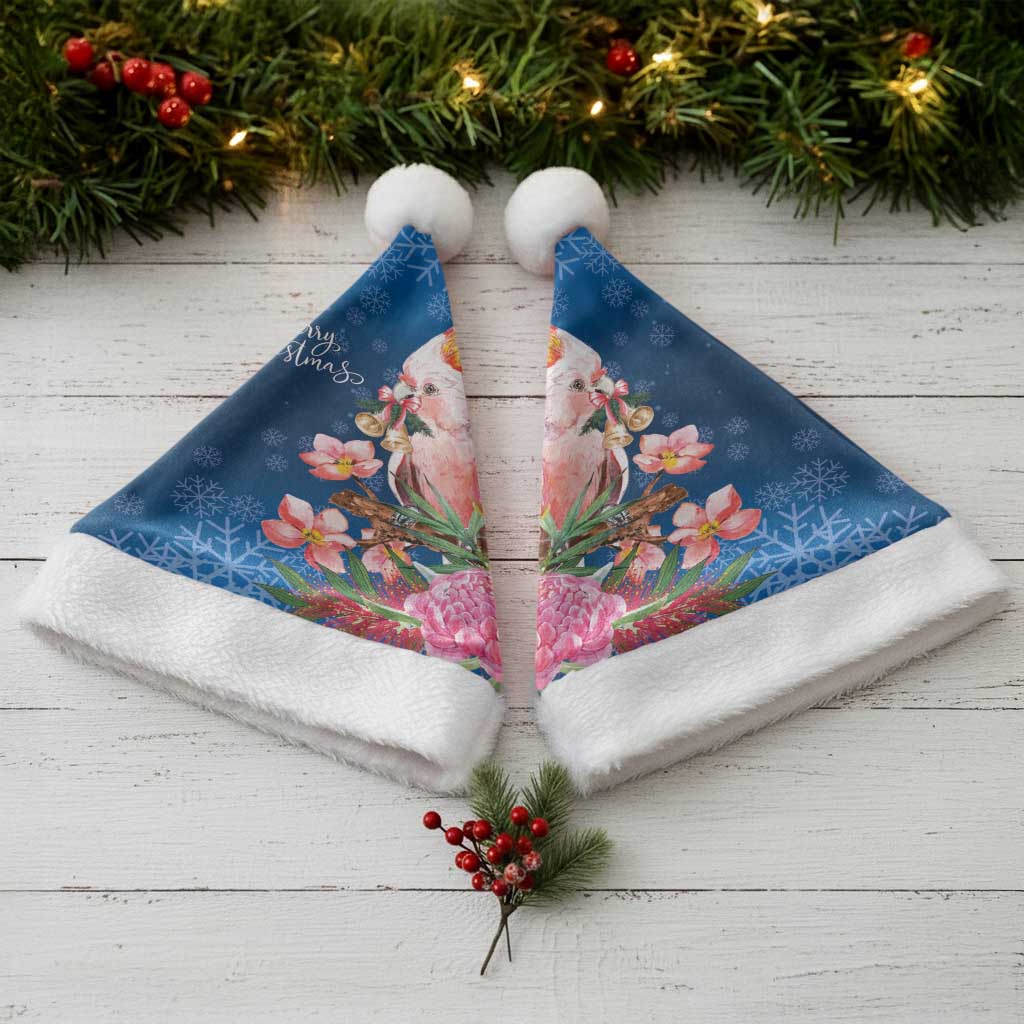 Australia Christmas Pink Cockatoo with Banksia Christmas Santa Hat Snowy Blue - Aussie Hoodie