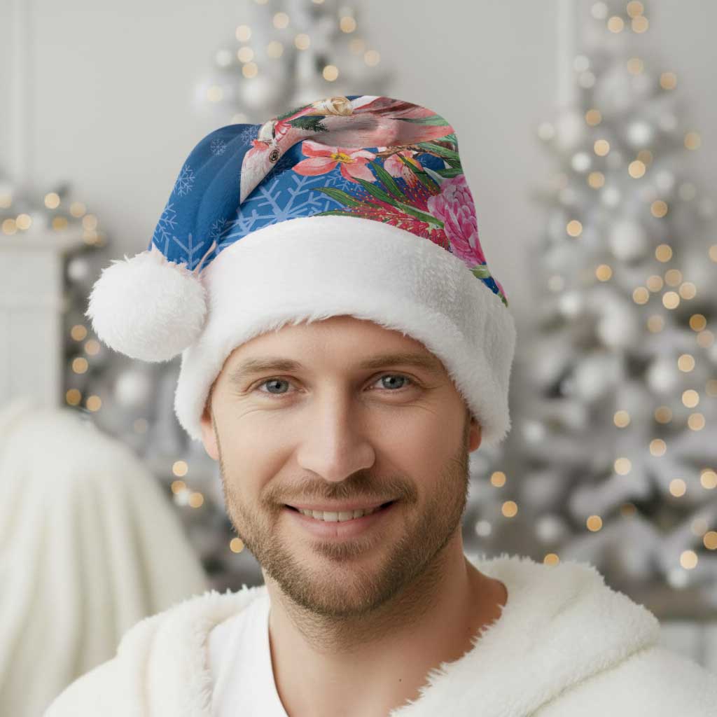 Australia Christmas Pink Cockatoo with Banksia Christmas Santa Hat Snowy Blue - Aussie Hoodie