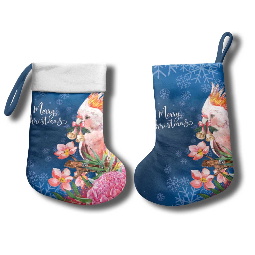 Australia Christmas Pink Cockatoo with Banksia Christmas Stocking Snowy Blue - Aussie Hoodie
