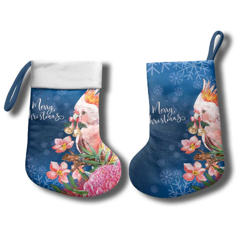 Australia Christmas Pink Cockatoo with Banksia Christmas Stocking Snowy Blue - Aussie Hoodie