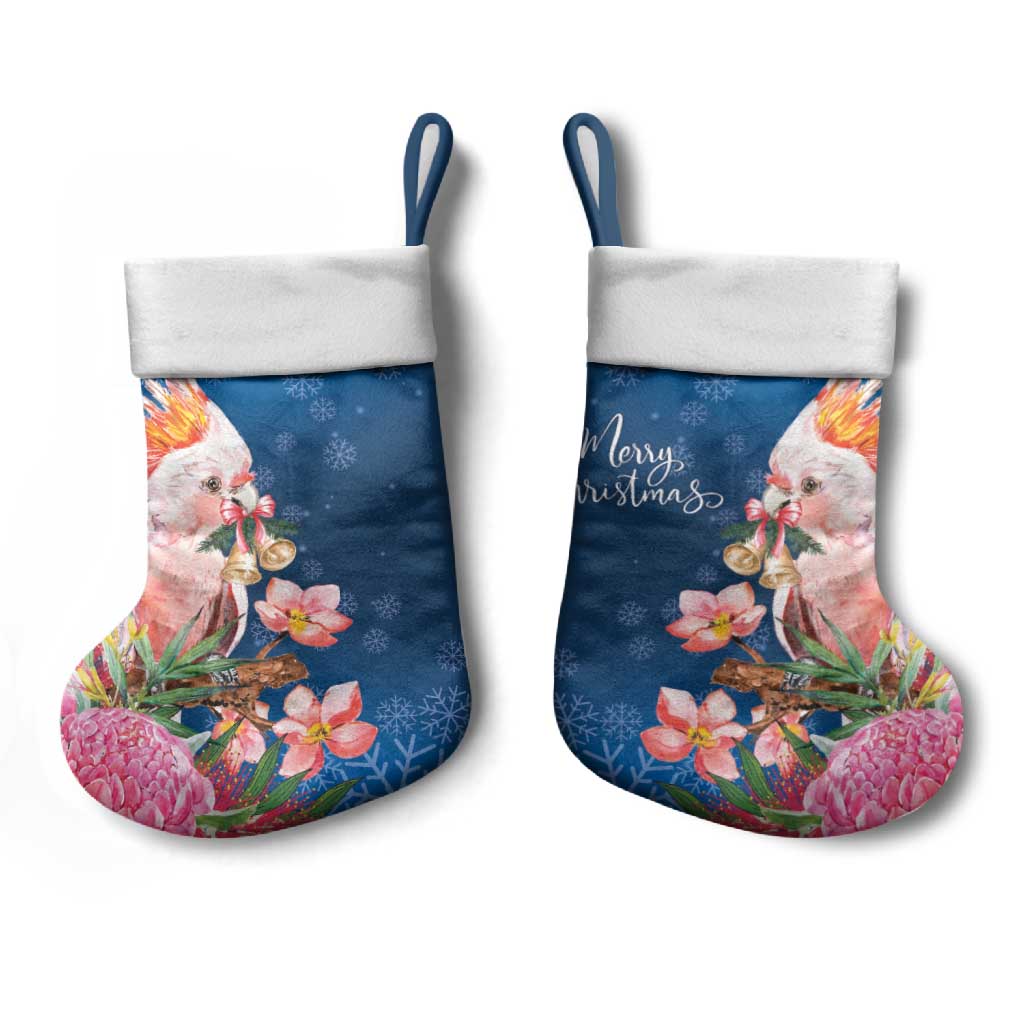 Australia Christmas Pink Cockatoo with Banksia Christmas Stocking Snowy Blue - Aussie Hoodie