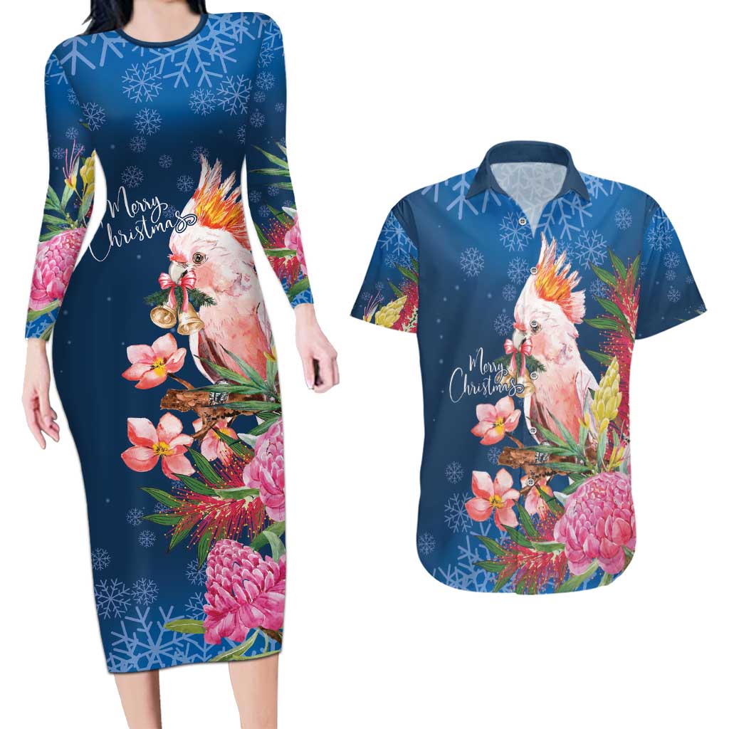 Australia Christmas Pink Cockatoo with Banksia Couples Matching Long Sleeve Bodycon Dress and Hawaiian Shirt Snowy Blue - Aussie Hoodie