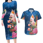 Australia Christmas Pink Cockatoo with Banksia Couples Matching Long Sleeve Bodycon Dress and Hawaiian Shirt Snowy Blue - Aussie Hoodie