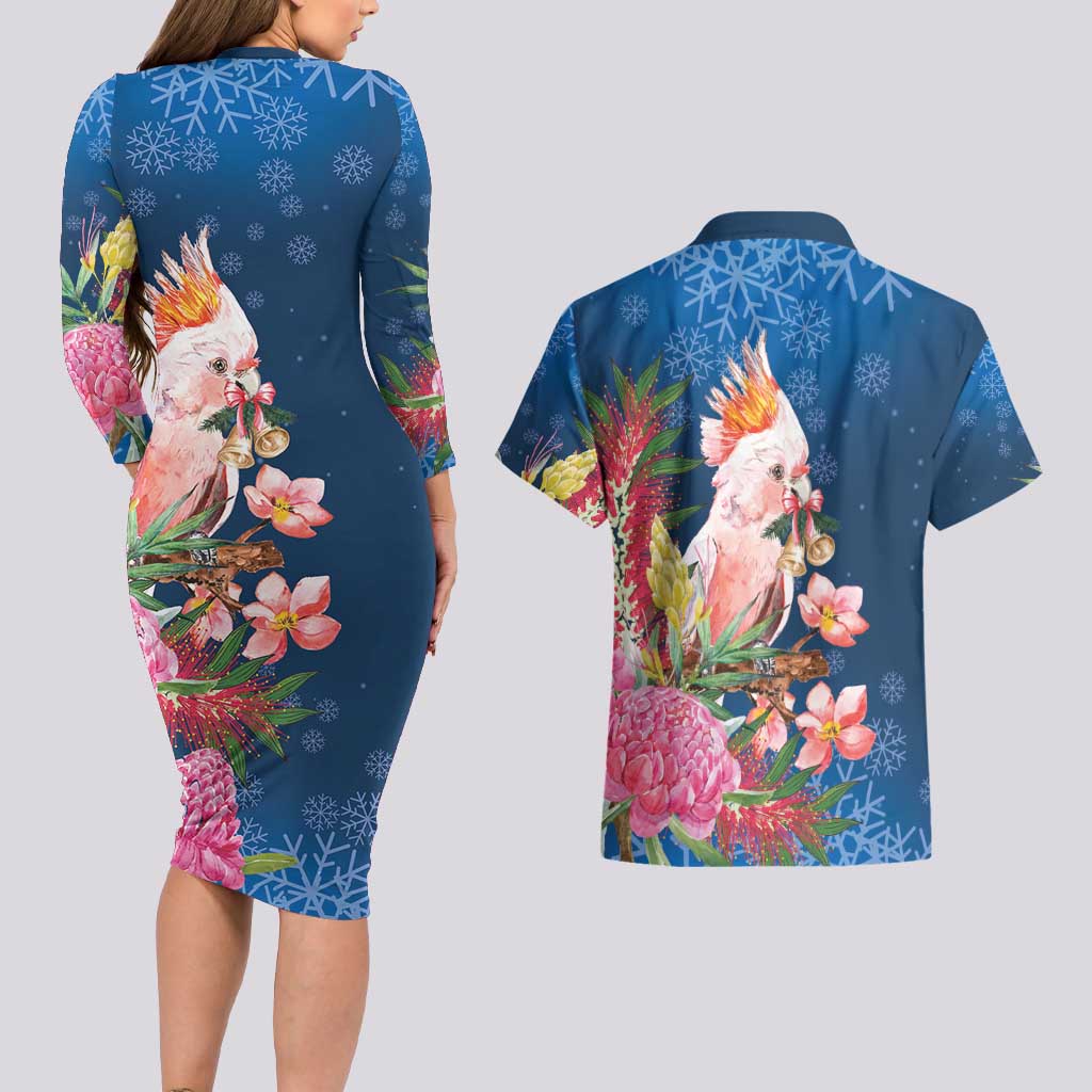 Australia Christmas Pink Cockatoo with Banksia Couples Matching Long Sleeve Bodycon Dress and Hawaiian Shirt Snowy Blue - Aussie Hoodie