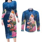 Australia Christmas Pink Cockatoo with Banksia Couples Matching Long Sleeve Bodycon Dress and Long Sleeve Button Shirt Snowy Blue - Aussie Hoodie