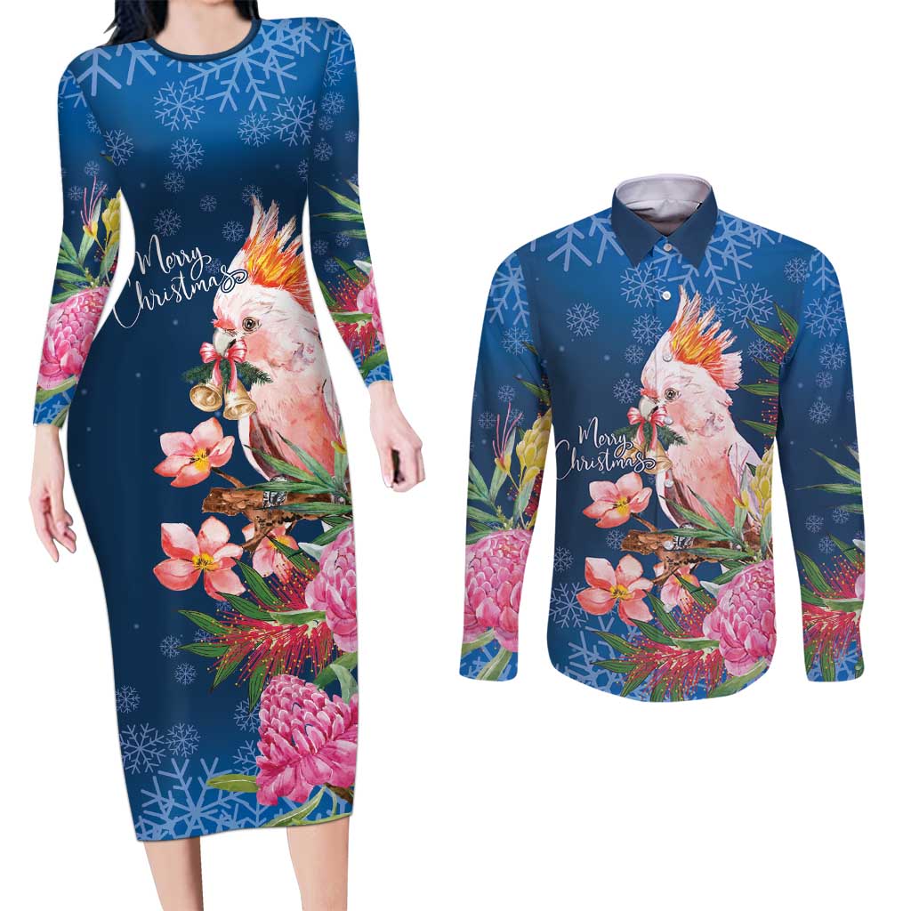 Australia Christmas Pink Cockatoo with Banksia Couples Matching Long Sleeve Bodycon Dress and Long Sleeve Button Shirt Snowy Blue - Aussie Hoodie