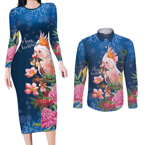 Australia Christmas Pink Cockatoo with Banksia Couples Matching Long Sleeve Bodycon Dress and Long Sleeve Button Shirt Snowy Blue - Aussie Hoodie