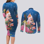 Australia Christmas Pink Cockatoo with Banksia Couples Matching Long Sleeve Bodycon Dress and Long Sleeve Button Shirt Snowy Blue - Aussie Hoodie