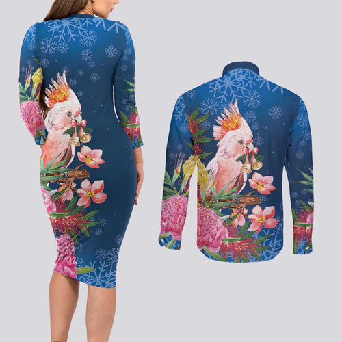Australia Christmas Pink Cockatoo with Banksia Couples Matching Long Sleeve Bodycon Dress and Long Sleeve Button Shirt Snowy Blue - Aussie Hoodie