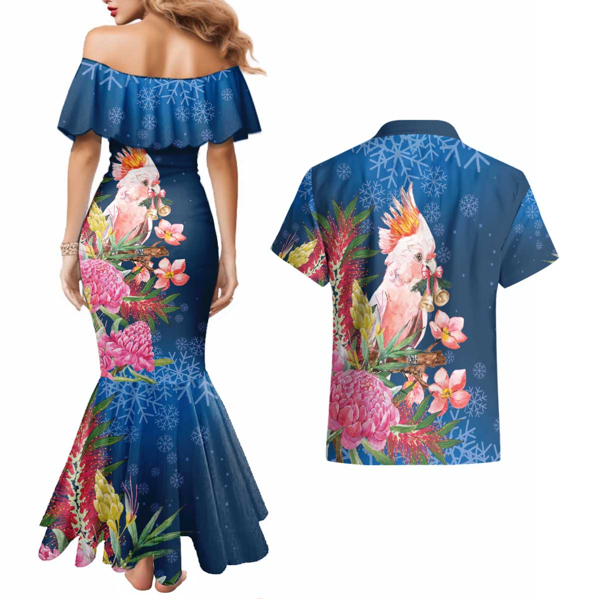 Australia Christmas Pink Cockatoo with Banksia Couples Matching Mermaid Dress and Hawaiian Shirt Snowy Blue - Aussie Hoodie