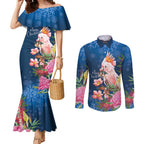 Australia Christmas Pink Cockatoo with Banksia Couples Matching Mermaid Dress and Long Sleeve Button Shirt Snowy Blue - Aussie Hoodie