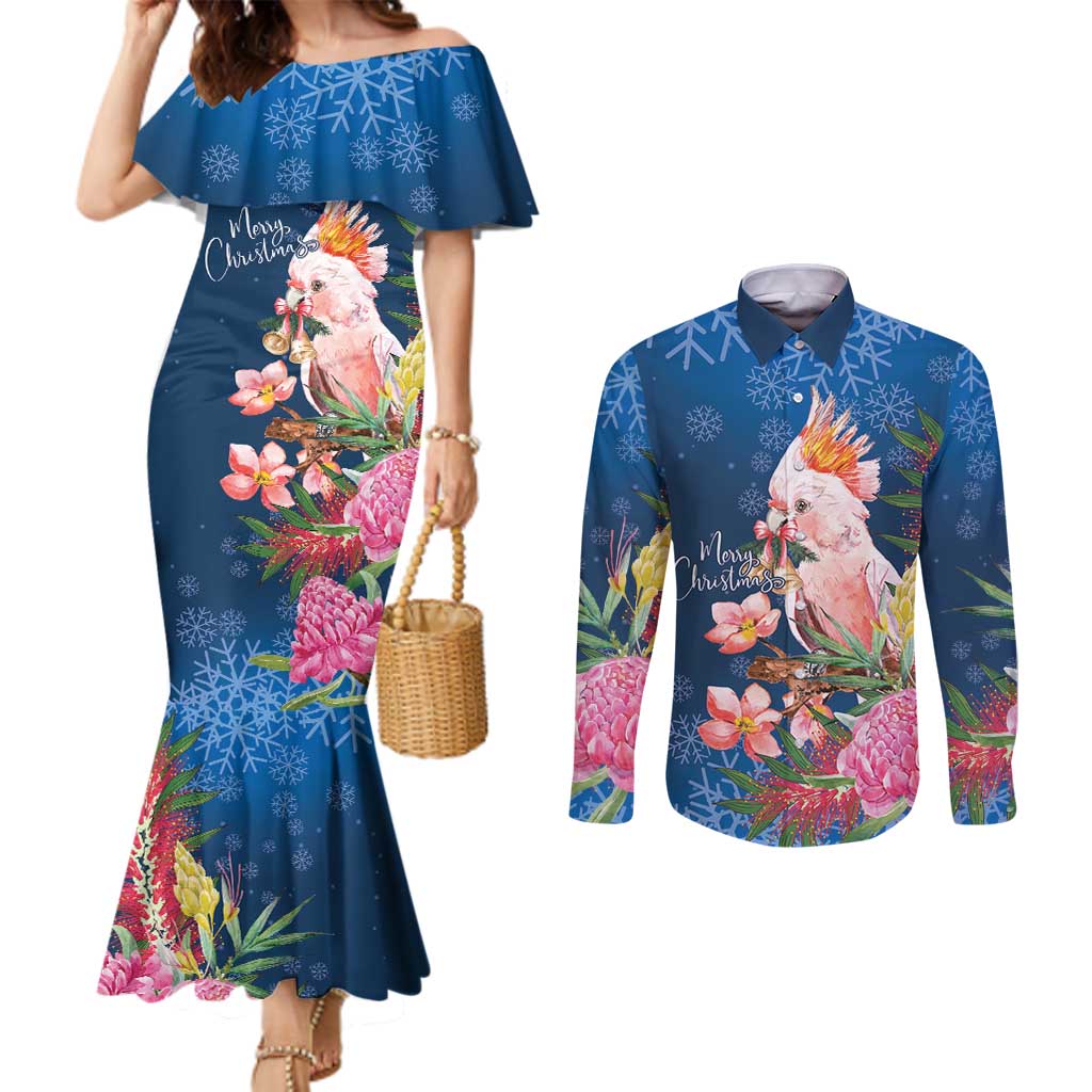 Australia Christmas Pink Cockatoo with Banksia Couples Matching Mermaid Dress and Long Sleeve Button Shirt Snowy Blue - Aussie Hoodie