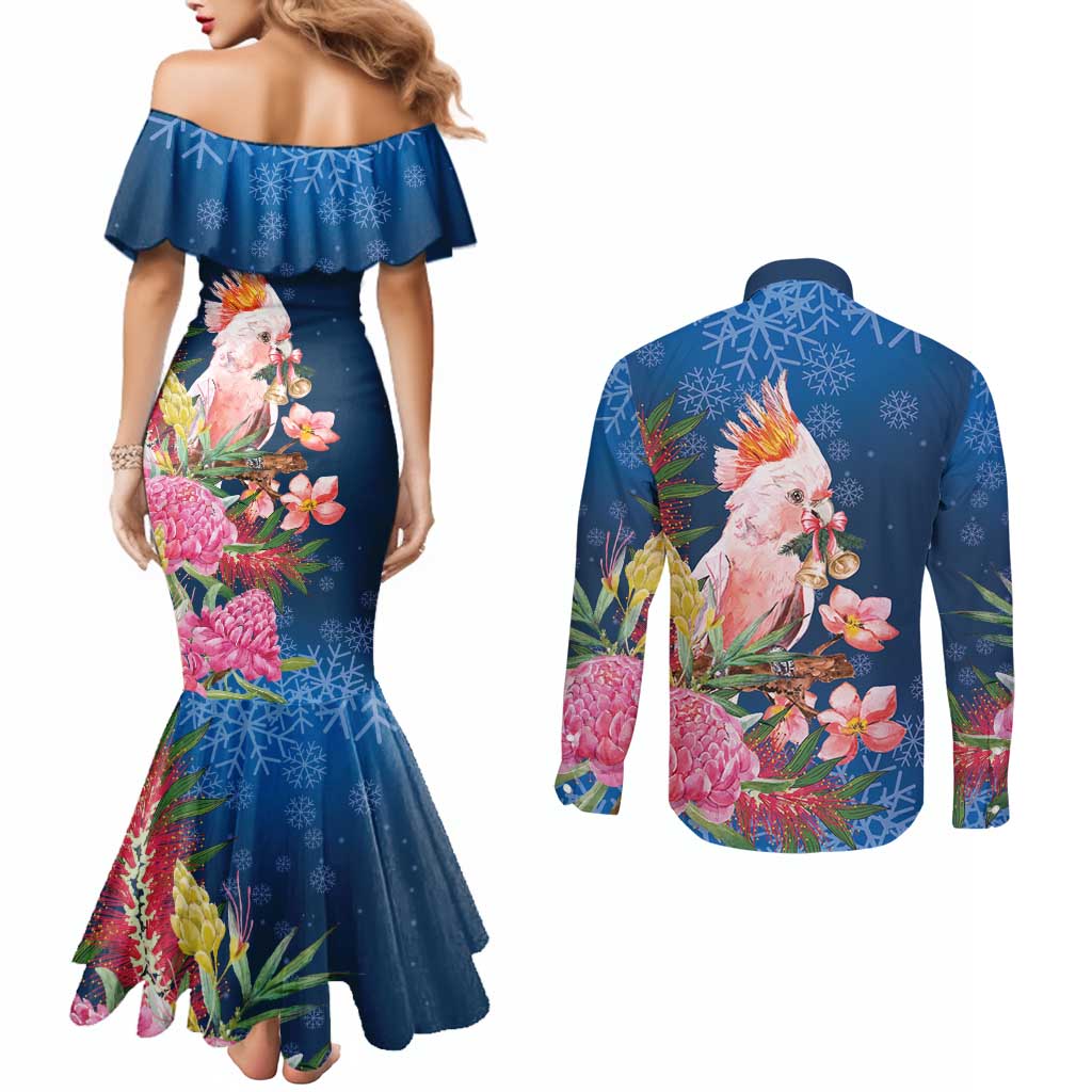 Australia Christmas Pink Cockatoo with Banksia Couples Matching Mermaid Dress and Long Sleeve Button Shirt Snowy Blue - Aussie Hoodie