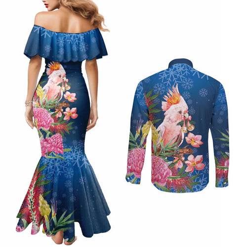 Australia Christmas Pink Cockatoo with Banksia Couples Matching Mermaid Dress and Long Sleeve Button Shirt Snowy Blue - Aussie Hoodie