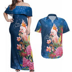 Australia Christmas Pink Cockatoo with Banksia Couples Matching Off Shoulder Maxi Dress and Hawaiian Shirt Snowy Blue - Aussie Hoodie