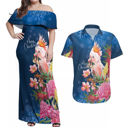 Australia Christmas Pink Cockatoo with Banksia Couples Matching Off Shoulder Maxi Dress and Hawaiian Shirt Snowy Blue - Aussie Hoodie