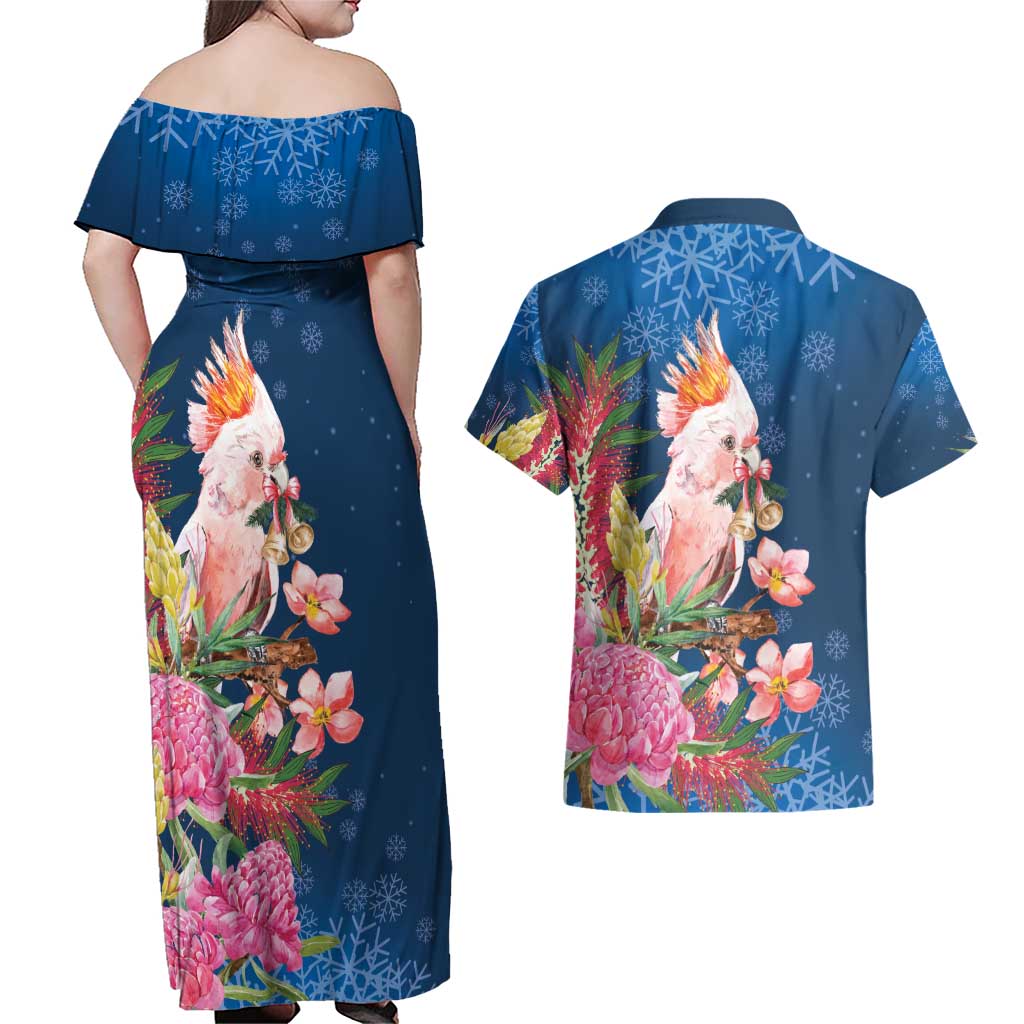 Australia Christmas Pink Cockatoo with Banksia Couples Matching Off Shoulder Maxi Dress and Hawaiian Shirt Snowy Blue - Aussie Hoodie