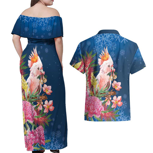 Australia Christmas Pink Cockatoo with Banksia Couples Matching Off Shoulder Maxi Dress and Hawaiian Shirt Snowy Blue - Aussie Hoodie