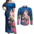 Australia Christmas Pink Cockatoo with Banksia Couples Matching Off Shoulder Maxi Dress and Long Sleeve Button Shirt Snowy Blue - Aussie Hoodie