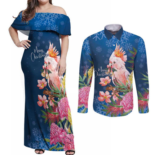 Australia Christmas Pink Cockatoo with Banksia Couples Matching Off Shoulder Maxi Dress and Long Sleeve Button Shirt Snowy Blue - Aussie Hoodie