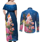 Australia Christmas Pink Cockatoo with Banksia Couples Matching Off Shoulder Maxi Dress and Long Sleeve Button Shirt Snowy Blue - Aussie Hoodie
