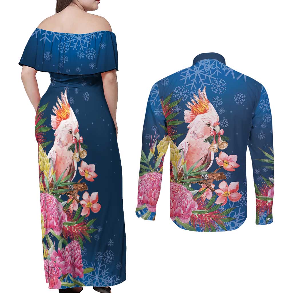 Australia Christmas Pink Cockatoo with Banksia Couples Matching Off Shoulder Maxi Dress and Long Sleeve Button Shirt Snowy Blue - Aussie Hoodie