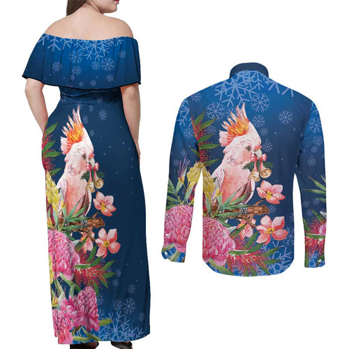 Australia Christmas Pink Cockatoo with Banksia Couples Matching Off Shoulder Maxi Dress and Long Sleeve Button Shirt Snowy Blue - Aussie Hoodie