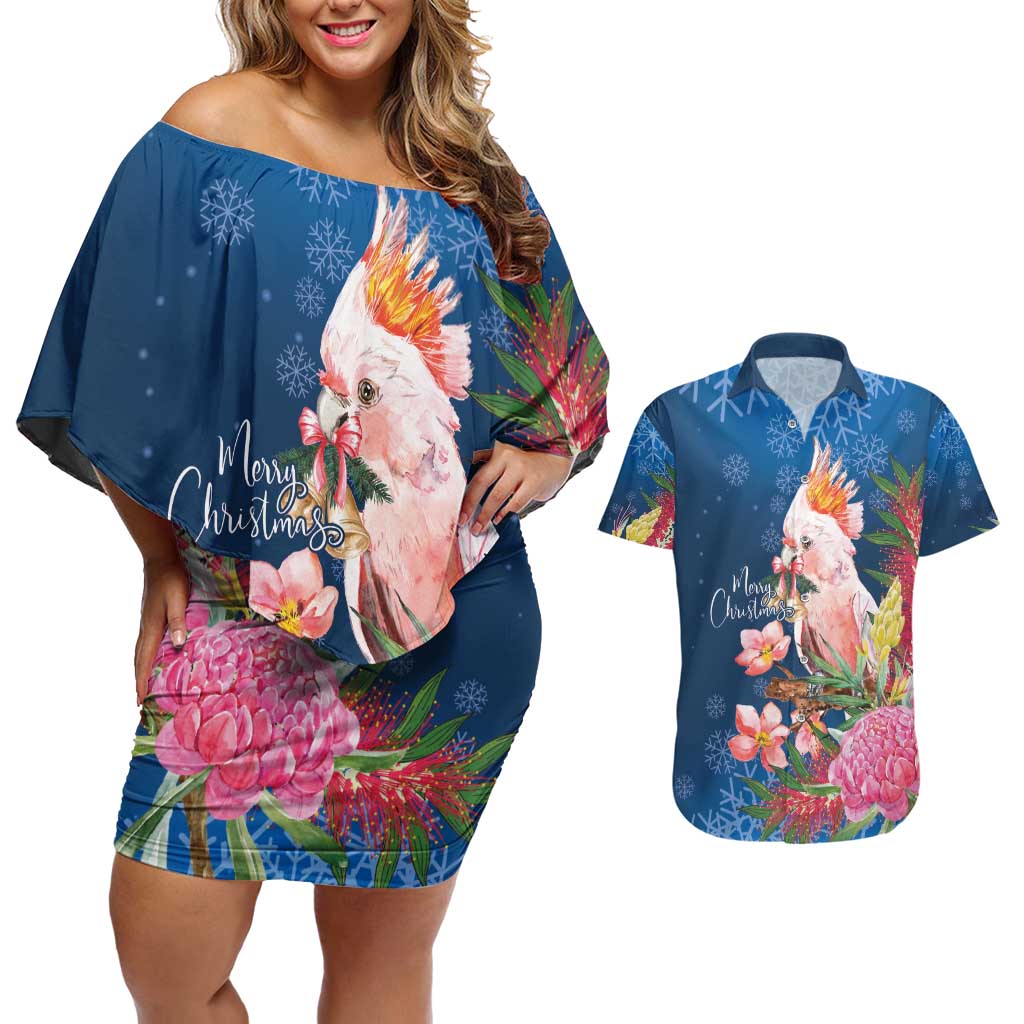 Australia Christmas Pink Cockatoo with Banksia Couples Matching Off Shoulder Short Dress and Hawaiian Shirt Snowy Blue - Aussie Hoodie