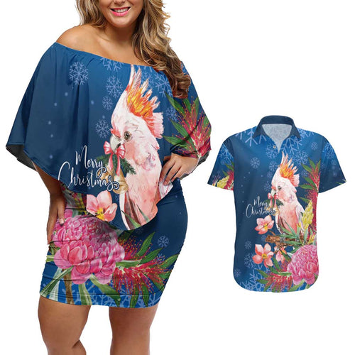 Australia Christmas Pink Cockatoo with Banksia Couples Matching Off Shoulder Short Dress and Hawaiian Shirt Snowy Blue - Aussie Hoodie