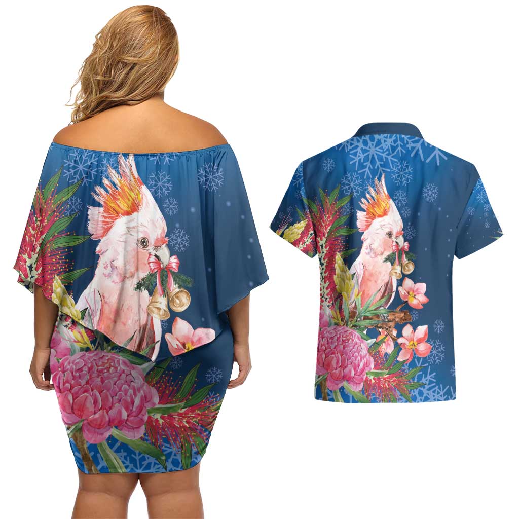 Australia Christmas Pink Cockatoo with Banksia Couples Matching Off Shoulder Short Dress and Hawaiian Shirt Snowy Blue - Aussie Hoodie