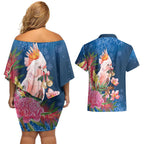 Australia Christmas Pink Cockatoo with Banksia Couples Matching Off Shoulder Short Dress and Hawaiian Shirt Snowy Blue - Aussie Hoodie