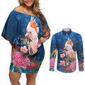 Australia Christmas Pink Cockatoo with Banksia Couples Matching Off Shoulder Short Dress and Long Sleeve Button Shirt Snowy Blue - Aussie Hoodie