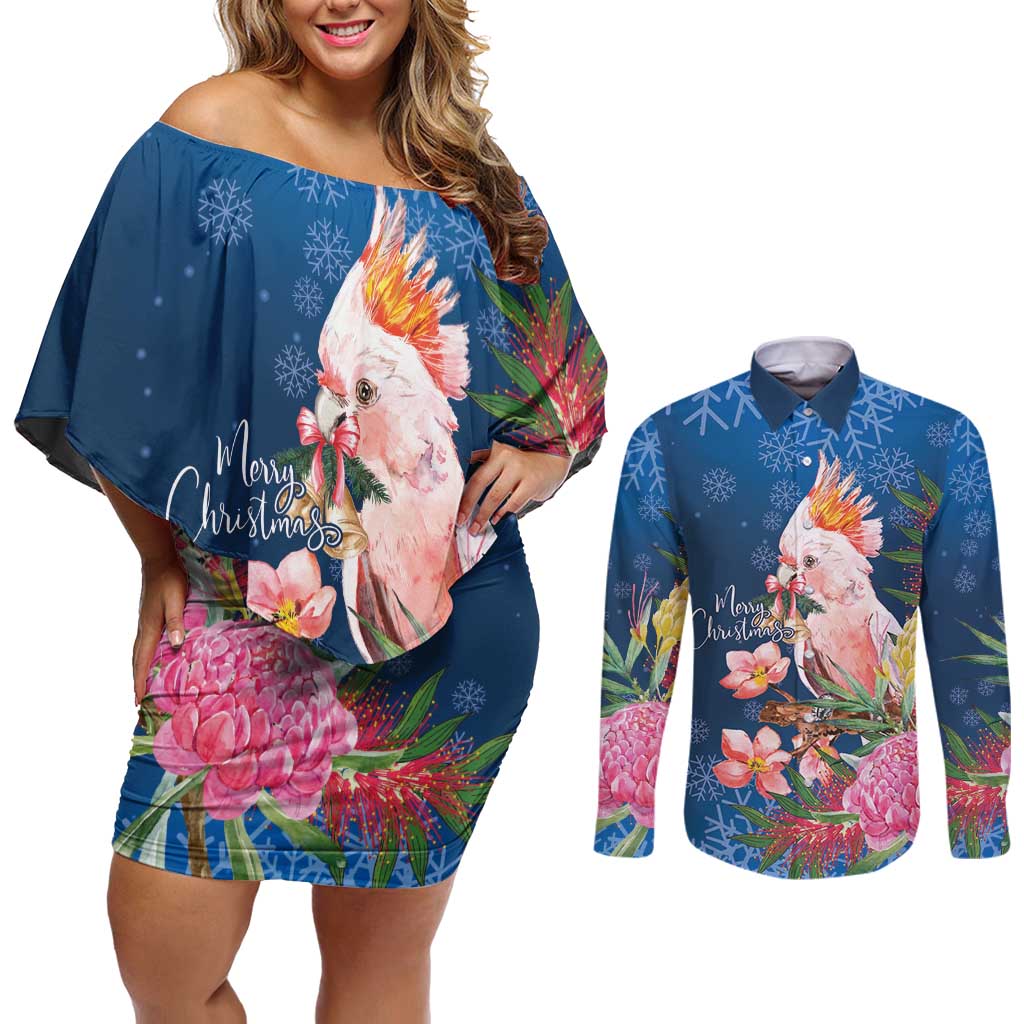 Australia Christmas Pink Cockatoo with Banksia Couples Matching Off Shoulder Short Dress and Long Sleeve Button Shirt Snowy Blue - Aussie Hoodie
