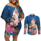 Australia Christmas Pink Cockatoo with Banksia Couples Matching Off Shoulder Short Dress and Long Sleeve Button Shirt Snowy Blue - Aussie Hoodie