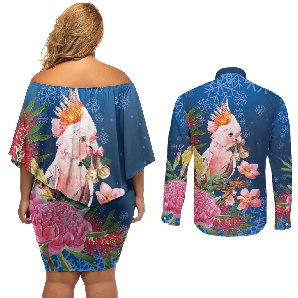 Australia Christmas Pink Cockatoo with Banksia Couples Matching Off Shoulder Short Dress and Long Sleeve Button Shirt Snowy Blue - Aussie Hoodie
