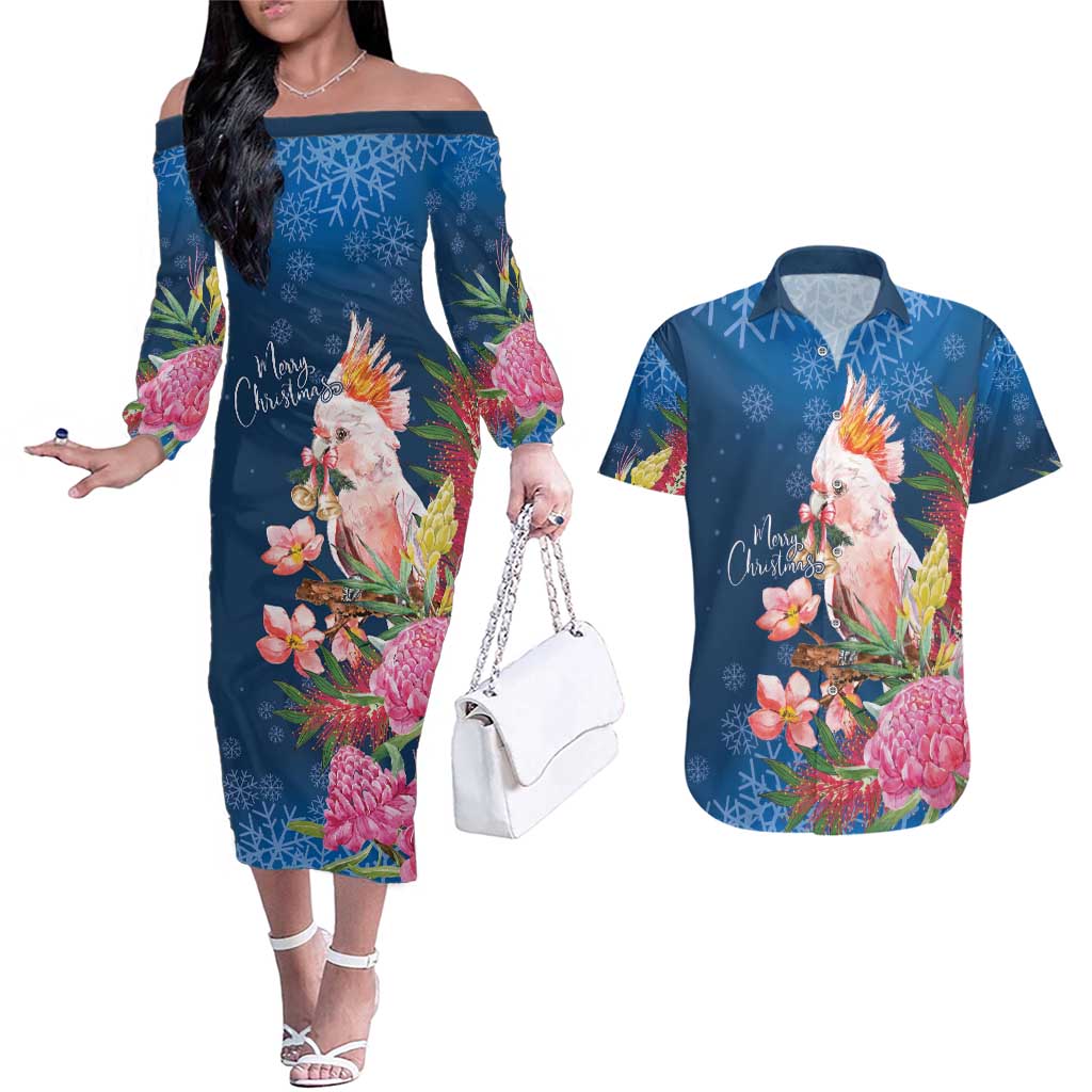 Australia Christmas Pink Cockatoo with Banksia Couples Matching Off The Shoulder Long Sleeve Dress and Hawaiian Shirt Snowy Blue - Aussie Hoodie