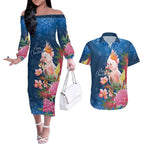 Australia Christmas Pink Cockatoo with Banksia Couples Matching Off The Shoulder Long Sleeve Dress and Hawaiian Shirt Snowy Blue - Aussie Hoodie
