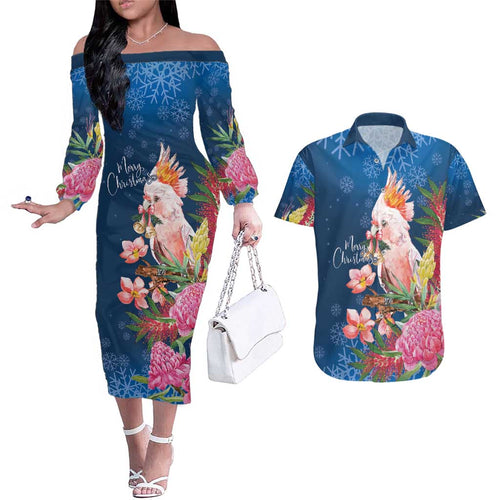 Australia Christmas Pink Cockatoo with Banksia Couples Matching Off The Shoulder Long Sleeve Dress and Hawaiian Shirt Snowy Blue - Aussie Hoodie