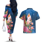 Australia Christmas Pink Cockatoo with Banksia Couples Matching Off The Shoulder Long Sleeve Dress and Hawaiian Shirt Snowy Blue - Aussie Hoodie