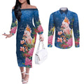 Australia Christmas Pink Cockatoo with Banksia Couples Matching Off The Shoulder Long Sleeve Dress and Long Sleeve Button Shirt Snowy Blue - Aussie Hoodie